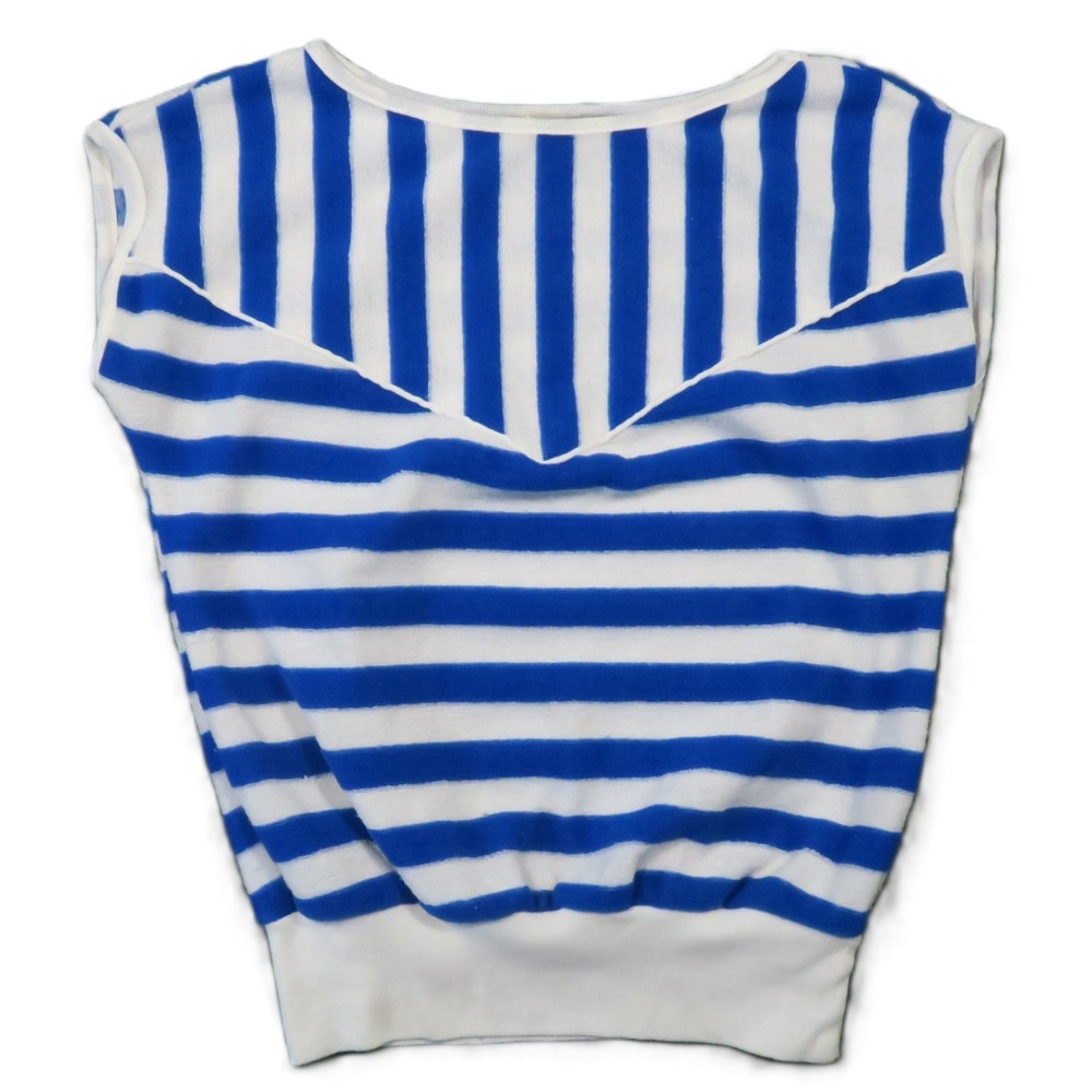Vintage 70s 80s Striped Blouson Top S Blue White Terry Knit Cap Sleeve Beach USA
